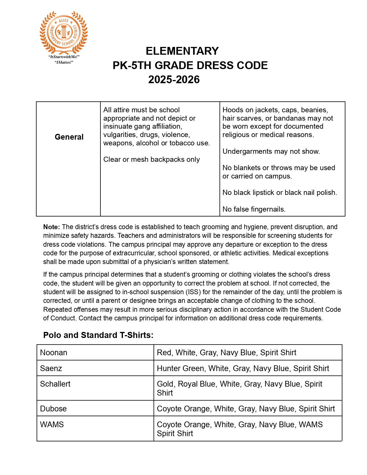 Pre-K - 5th Dress Code